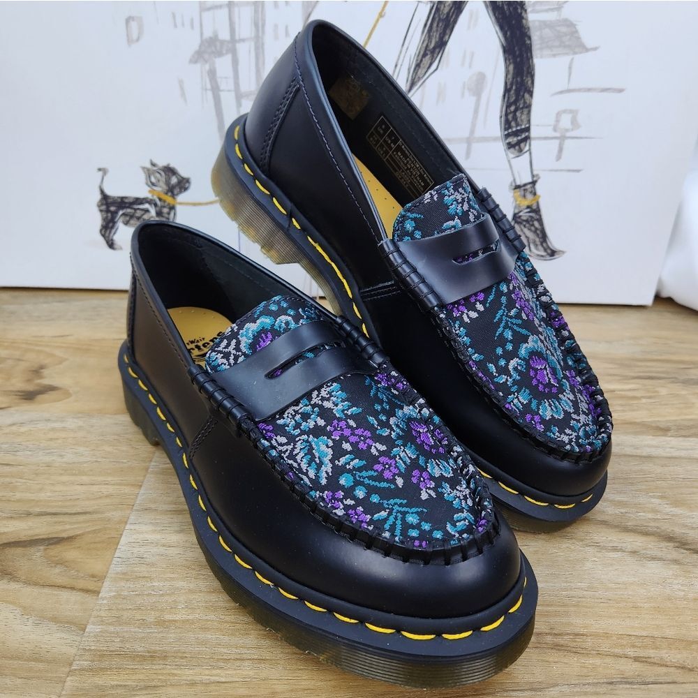 ☔️🩵NIB Dr. Martens Black & Rich Purple Floral Jacquard Penton Loafers Size 8 - Picture 4 of 15